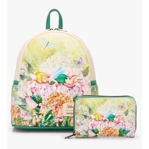 NEW Loungefly Disney Peter Pan Tinker Bell Florals Spring Mini Backpack & Wallet